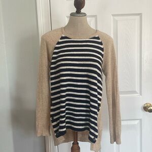 J Crew striped button flap wool pullover sweater elbow patches tan womens size M